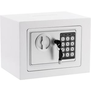 Small Safe Box With Digital Keypad & Keys - 9.05 x 6.7 x 6.7 Inches Wall Safe 0.23 Cuft Mini Security Lock for Coin Home Office Hotel Rooms Business Jewelry Gun (White)