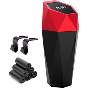 Ginsco Car Trash Can Cup Holder, Mini Car Trash Can with Lid, Car Accessories for Interior, Leakproof Small Trash Cup for Car, Home with Additional 2 ABS Hooks and 90pcs Trash Bags Red (600ml)