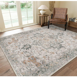 GENIMO 5X7 Area Rugs for Living Room, Machine Washable Non Slip Vintage Rugs, Low Pile Lightweight Chenille Print Rug for Bedroom, Dining Room, Home Office, Light Taupe Brown