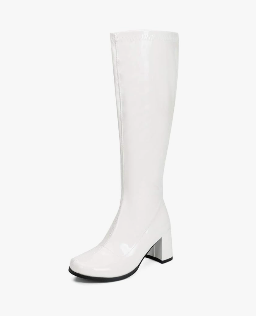 LIURUIJIA Women's Gogo Boots Knee High Block Heel Square Toe 70s Disco Costume Boots, Color: A# White, Size: 8.5