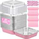 (35-Pack) Pink 8x8 Inch Disposable Aluminum Pans with Plastic Lids,Stickers and Cake Spoons,Square Cake Pans for Parties,Baking Trays,Foil Pans for Holiday Cooking, Parties Meal Prep, Storage