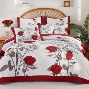 EVENHUG Quilt Queen Size Red Rose Bedding Set Floral Bedspread Lightweight Reversible Bed Cover with 2 Pillow Shams for All Seasons 3 Pieces (92"X96")