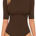 MANGOPOP Women's Half Sleeve Crew Neck Bodysuit 3/4 Sleeve Body Suit Slim Fit Going Out Tops (Coffee) XS