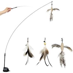 TTcat Cat Wand Toys with Suction Cup, Interactive Bird Simulation Cat Toy Set,Cat Teaser Cat Toys,Flexible Steel Wire and 3Pcs Replacement Feather Refills with Bells.