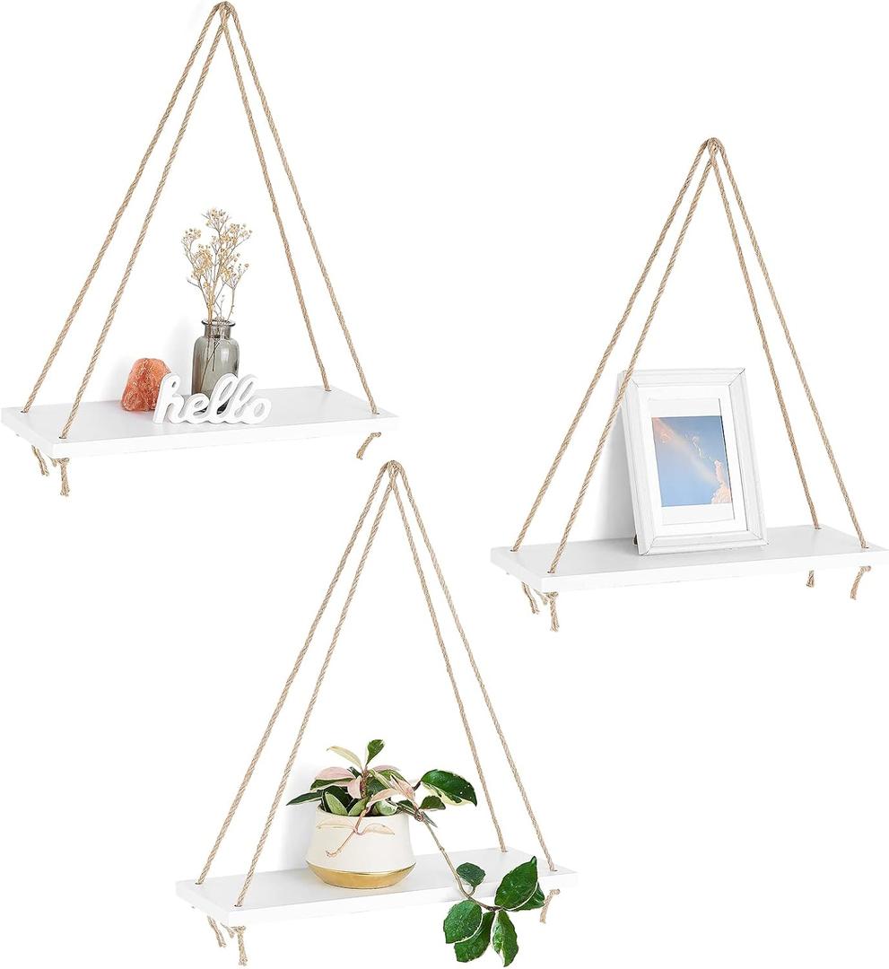 Mkono Wood Hanging Shelves for Wall Boho Decor Swing Rope Rustic Floating Shelf, Set of 3 Wall Display Shelving Home Organizer Rack for Living Room Bedroom Bathroom Kitchen, White