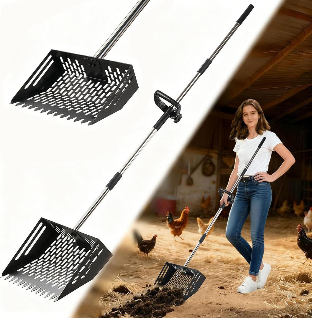 Chicken Poop ScooperRake 2-in-1,Adjustable Rubber Grip Stainless Steel Shovel Head, Adjustable Handle(23 to 65"), Small Farm Animals for Pet Waste Cleaning Chicken Coop Scoop Accessories