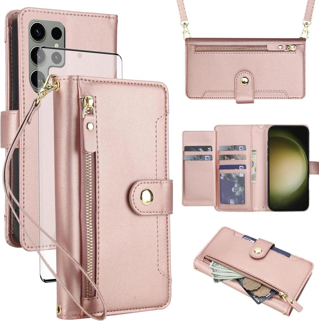 Asuwish Phone Case for Samsung Galaxy S23 Ultra 5G Zipper Wallet Cell Cover, with Tempered Glass Screen Protector and Crossbody Strap, Card Holder S23Ultra 23S S 23 23Ultra 6.8 inch Women Rose Gold
