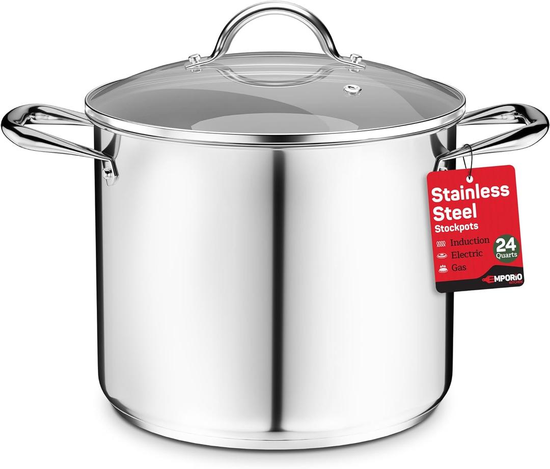 Stainless Steel Stockpot with Tempered Glass Lid 24 Quart, Durable 18/0 Stainless Steel, Impact-Bonded Base for Even Heating, Riveted Handles, Oven & All Stove Compatible, Safe Up To 500F (260C)