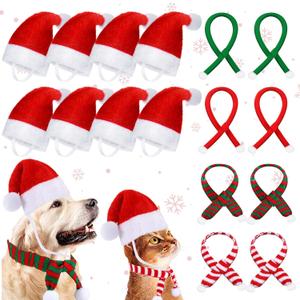 LEIFIDE Christmas Dog Santa Hat and Scarf Set - Adjustable Pet Hat With Chin Strap and 8 Mini Animal Scarves for Xmas Puppy Costume Holiday Party - Pet Supply for Dogs and Cats