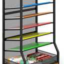 7 Tier Rolling File Cart with Sliding Trays, Wood Metal File Organizer Beside Desk, Free-Standing File Holder, Paper Letter Tray Organizer Mesh Desk Organizer for Home Office School (Patent) (Brown)