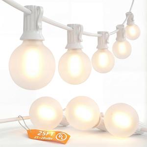 SUNSGNE 25Ft G40 LED Outdoor White String Lights with 27 White Frosted Shatterproof Globe Bulbs (2 Spare), Outdoor Hanging Lights for Room Café Bistro Pergola Tents, 25 Pack, White Wire