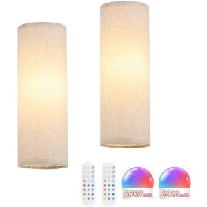 Shenmoyl Adhesive Battery Operated Wall Sconce Set of 2, 5000 mAh Battery Rechargeable Bulb with 12 RGB Colors, Stick on Wall Sconce No Drill Wall Lights, Linen