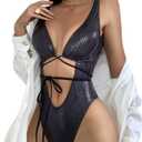 JUMISEE Women Rave Holographic Snakeskin Wrap Swimsuit Sexy Strappy Backless Bathing Suit (Medium, Black)