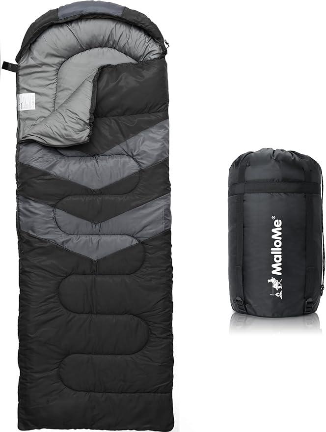 MalloMe Sleeping Bags for Adults Cold Weather & Warm - Backpacking Camping Sleeping Bag for Kids 10-12, Girls, Boys - Lightweight Compact Camping Essentials Gear Accessories Hiking Sleep Must Haves (Black)