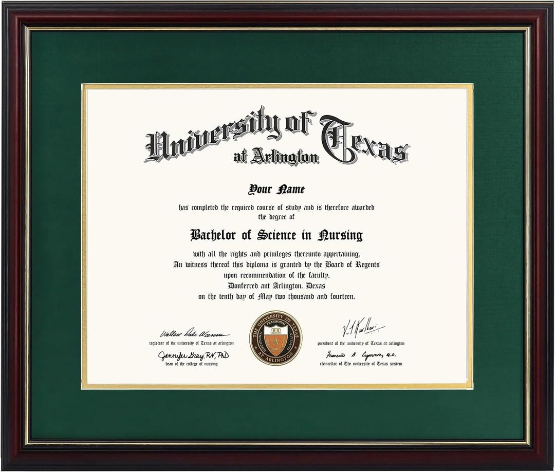 GraduationMall 11x14 Diploma Frame with Green over Gold Mat or Display 15x18 Certificate without Mat,Solid Wood & Tempered Glass,Cherry Finish with Gold Trim