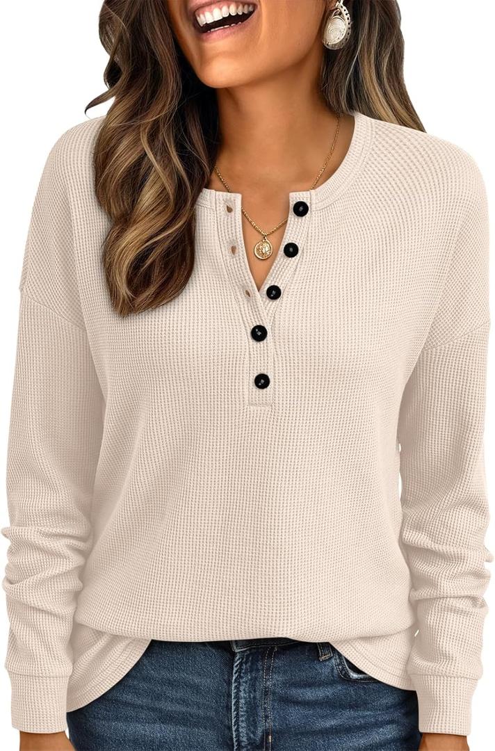 LILLUSORY Womens Waffle Knit Tops Long Sleeve Button Up Henley Shirts Winter V-Neck Tunics Fall Loose Casual Fashion Blouse (Large, Apricot)