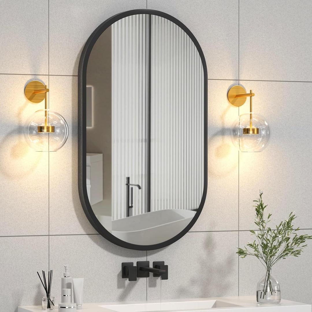16x24 Black Oval Mirror, Bathroom Mirrors for Over Sink, Pill Shaped Mirror, Metal Framed Bathroom Vanity Mirrors for Wall, Modern Wall-Mounted Mirrors for Entryway, Hallway, Bedroom, Living Room