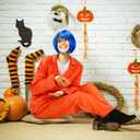 4 Pcs Halloween Horror Movie Costume Accessories Set, Womens Pajamas Set Orange Outfit, Blue Wig, Striped Gloves for Women Cosplay Party