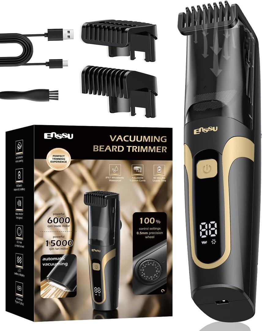 ENSSU Beard Trimmer for Men Vaccum, Rechargeable Electric Men Beard Trimmers with 2 Combs, 1-20mm Adjustable Length Dial, Waterproof Cordless Mustache Trimmer for Face, Stubble