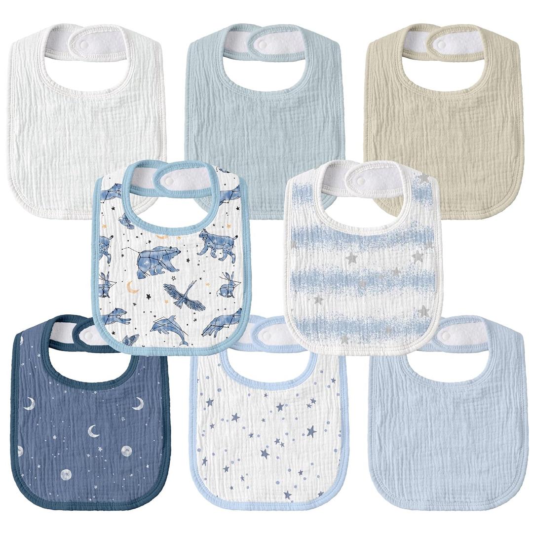 GLLQUEN BABY Muslin Drool Bibs for Boys Girls 8 Pack, Adjustable Baby Bibs for Drooling and Teething, Soft Cotton Baby Bandana Bib for Newborn Feeding Essentials (Star)