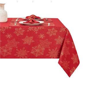 Rectangle Fancy Metallic Sparkling Snowflake Christmas Fabric Table Cloth red Hunter Gold Navy White Silver No-Iron Soil Resistant Woven Holiday Table Cover(Red Gold/52x70Inch)