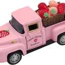 4.9 Mini Vintage Strawberry Pink Metal Farm Truck Decor with Fake Strawberries, Home Kitchen Centerpieces for Tables Farmhouse Pickup Tiered Tray Stand Decorations, Spring & Christmas Desk Display