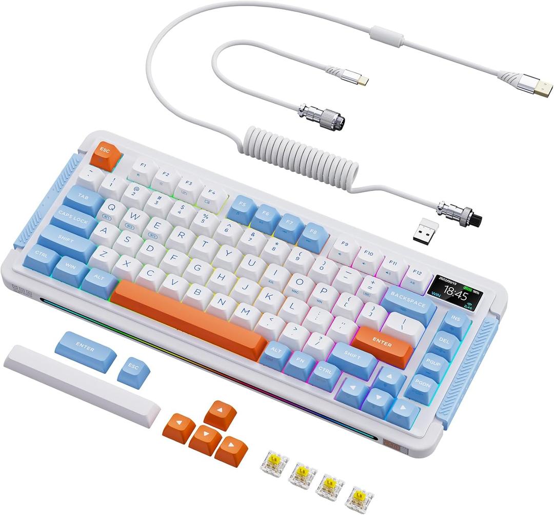 L75 Wireless Mechanical Keyboard, Hot-swappable Wired/Bluetooth 5.0/2.4G Wireless Keyboard with RGB Backlit for Windows & Mac, PBT Keycaps, Gateron Yellow Switch Pro, Navy White (81 Keys)