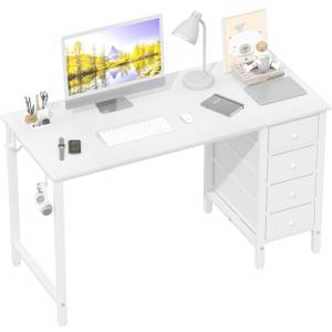 Lufeiya White Computer Desk with Fabric Drawers, 47 Inch Reversible Study Work Writing Desk for Home Office Bedroom, Simple Modern Cute PC Desks with Drawer, White