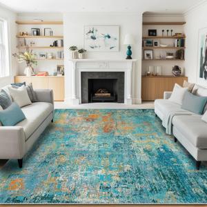 Washable Area Rugs 9'x12' Non-Slip Modern Abstract Soft for Living Room Entryway Bedroom Nursery, Print Pattern, Teal Blue Green Orange Rust Red Coloreful