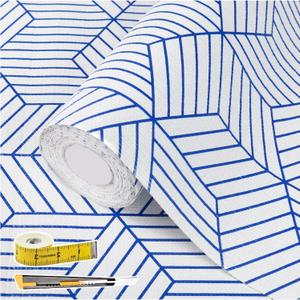 Shelf Liners for Kitchen Cabinets 12in x 20FT, Non Adhesive Cabinet Liner Strong Non-Slip White and Blue Geometric Drawer Liner, Easy to Clean for Shelf, Cabinet with Knife and Tape Measure