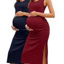 Neer 2 Pack Women's Ribbed Sleeveless Maternity Tank Dresses, Scoop Neck Side Slit Pregnancy Clothes Ruched Bodycon (Wine Red, Navy Blue, 2XLarge)