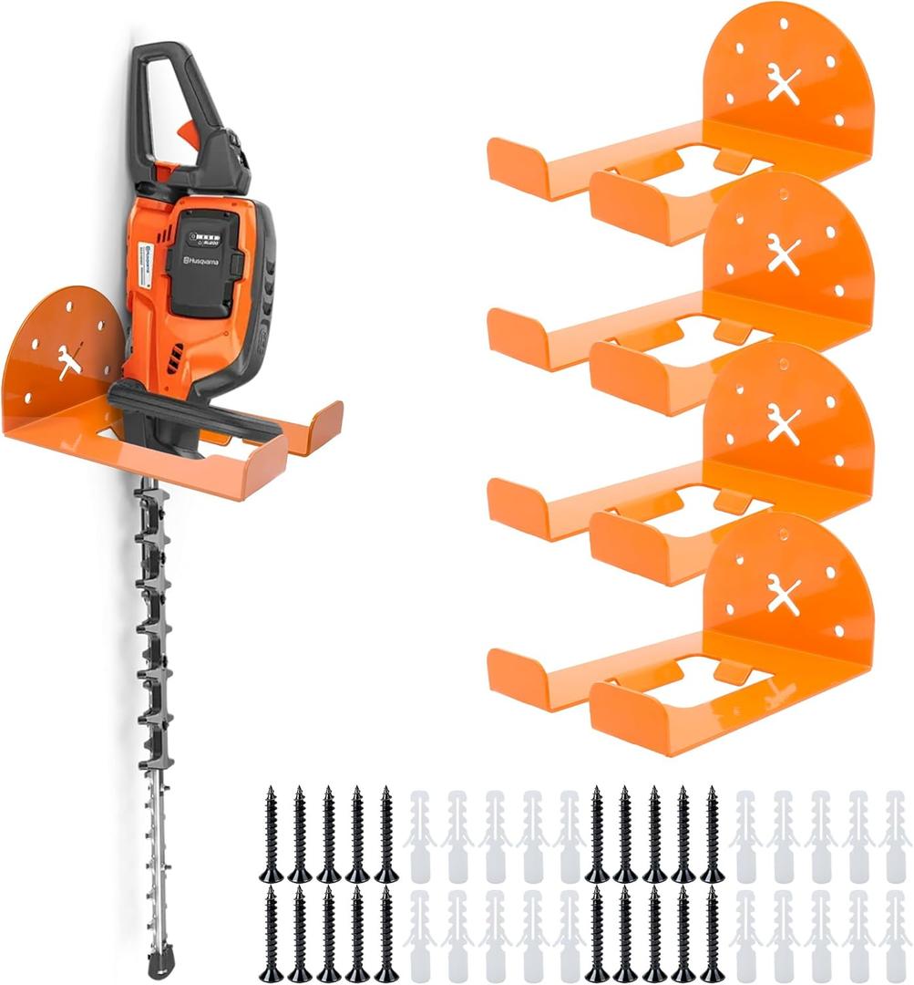 Garage Organizer Trimmer Rack, 4 Pack Weed Eater Hanger for Wall, Garden Power Tool Hanger Weed Whackers Holder Wall Mounted for Grass Trimmer, Hedge Trimmer, Garage Trimmer, Orange