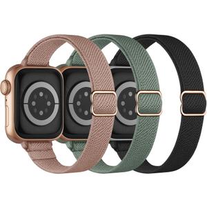 Slim Stretchy Band Compatible with Apple Watch Bands 40mm 41mm 42mm 38mm 44mm 45mm 46mm 49mm Women Men, Thin Skinny Elastic Nylon Solo Loop Strap for iWatch Series 10 9 8 7 6 5 4 3 11 Ultra SE 2/3 (BlackRoseGold/Cactus/Pink)