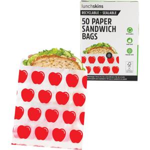 Lunchskins Paper Sandwich Bags - Sealable, Recyclable & Grease-Resistant - Disposable Snack Bags for Kids & Family - Self-Adhesive Closure for Freshness - Perfect for On-the-Go & Home Use (Apple)