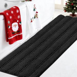 Turquoize Non Slip Black Bathroom Rug Extra Long Chenille Bath Rug 47x17 Super Water Absorbent & Soft Washable Shaggy Bath Rug for Bathroom, Black