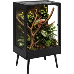 PROLEE 24" x 18" x 36" Tall Reptile Terrarium with Leg Stand, 65 Gallon Vertical Glass Chameleon Cage with Front Opening Doors, Ventilated Mesh Top, Rainforest Habitat for Arboreal Reptiles, Black