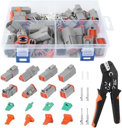 150Pcs 15 Kits Deutsch Connector Kit with Crimper, IP68 Waterproof DT Connector 2 3 4 6 Pin Automotive Electrical Connectors Kit with Deutsch Crimp Tool and Size 16 Stamped Contacts for Car (16-20AWG)