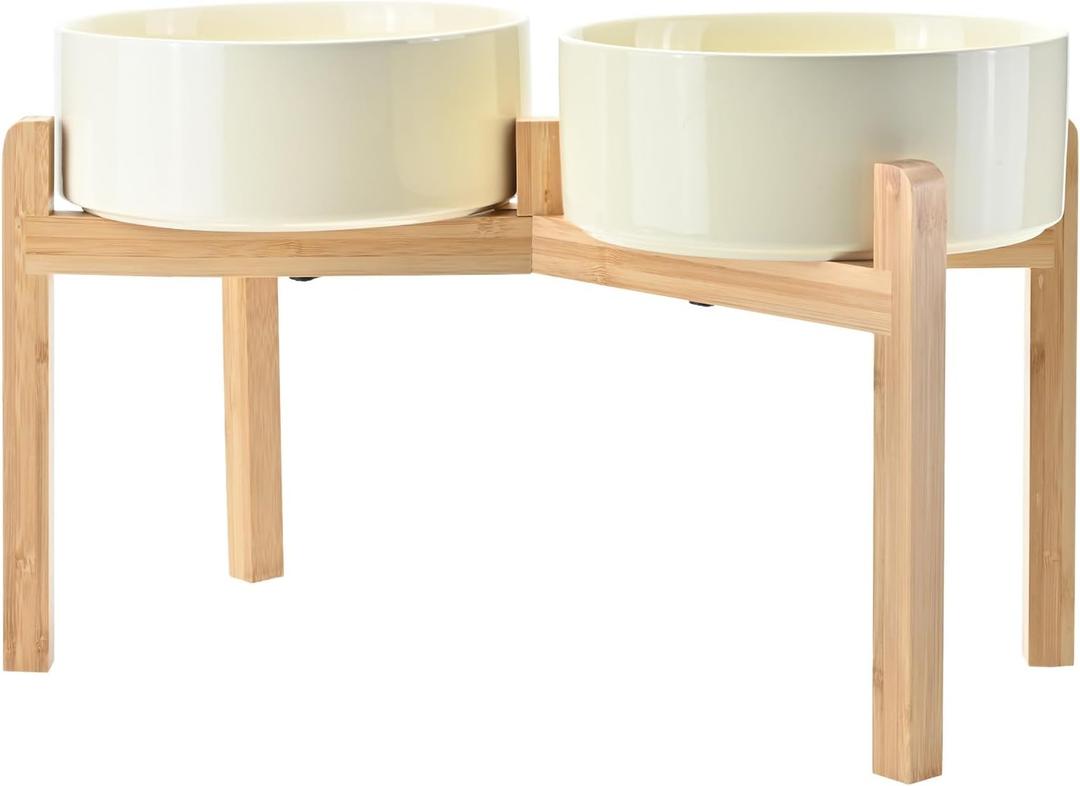 SPUNKYJUNKY Elevated Dog Bowls Ceramic, 8.3'' Dogs Food Water Bowls Raised with Non-Slip Bamboo Stand for Large Sized Breed Microwave Dishwasher Safe - 60 OZ, Beige
