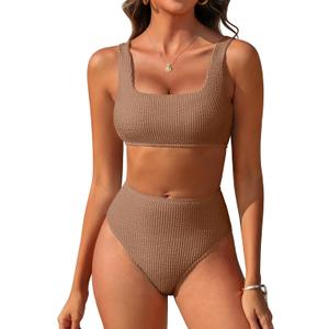 ANRABESS Women Swimsuits Two Piece Bikini Set High Waisted Ribbed Tummy Control Modest Bathing Suits 2025 Beach Swim Wear (Large, Light Brown)
