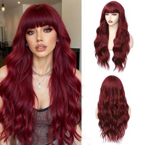 Burgundy Wig With Bangs Long Wavy Wine Red Wigs for Women 26 Inch Curly Wavy Wig With Bangs Natural Looking Synthetic Heat Resistant Fiber Wig for Daily Party Use