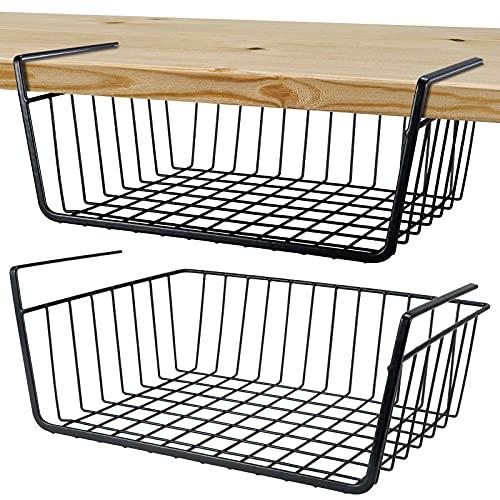 Undershelf Storage Basket Under Shelf Wire Basket Household Metal Under Shelf Hanging Storage Bin Basket Slides Under Shelves for Storage Space Saving for Kitchen Pantry Bookshelf (Medium, 2 PCS)