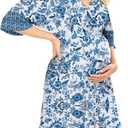Nursing Dress for Women Breastfeeding Dresses - Maternity Nursing Dress V Neck Flowy Boho Floral Vacation Dress Blue (Blue, L)