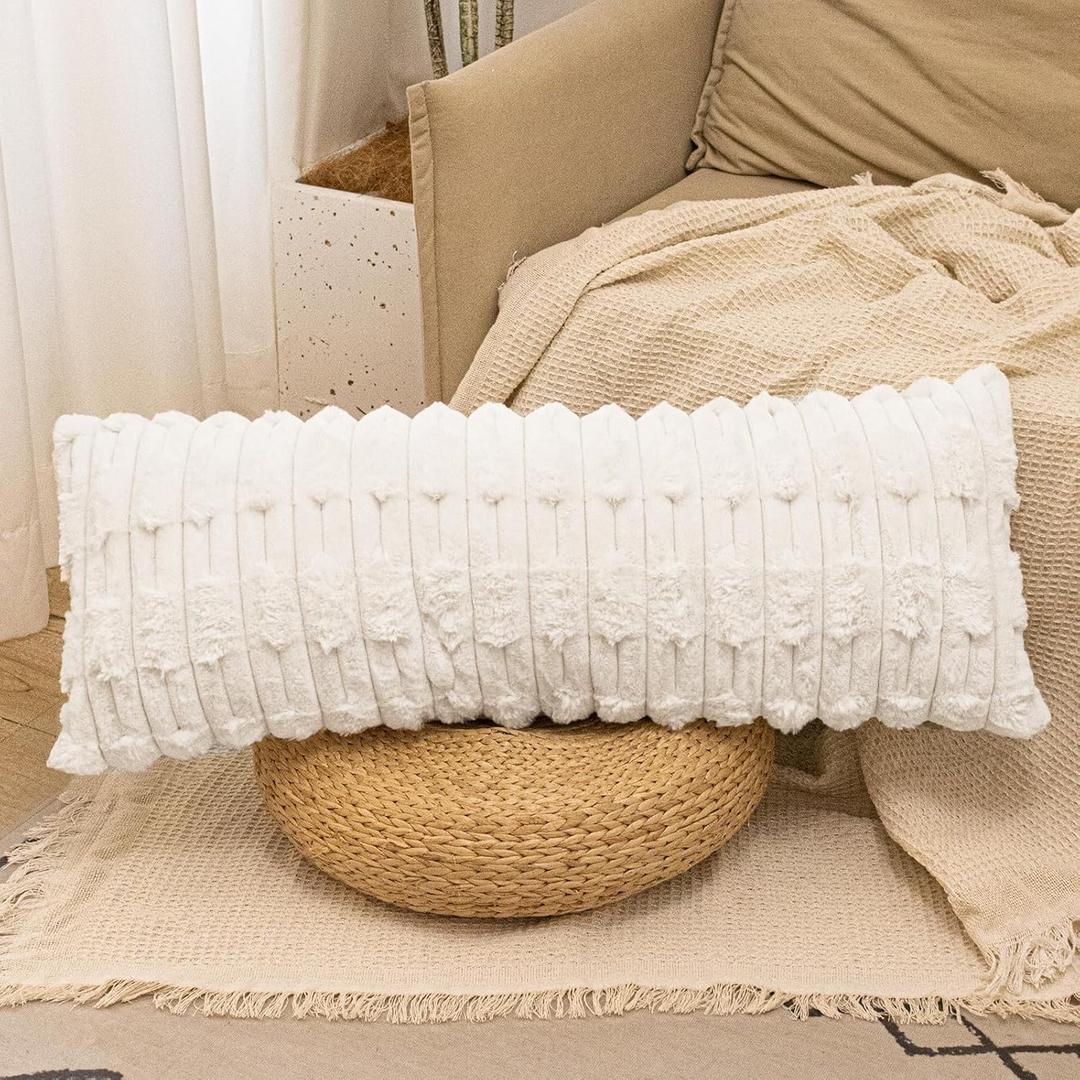 Faux Fur Long Pillow Covers 14 x 36 inch, Cream Soft Decorative Lumbar Pillow Cover Luxurious Pillow Case Home Decor for Sofa Bed Room Livingroom (36" x 14" (Pack of 1), Cream)