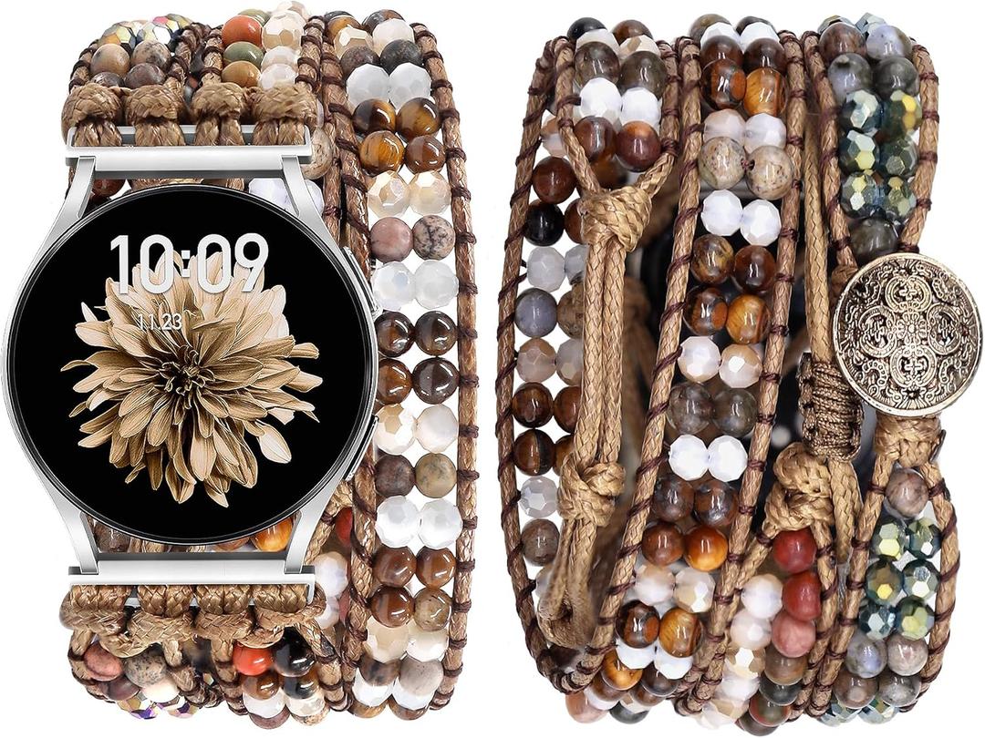 JR.DM Boho Beaded Handmade Braided Bracelet Band Women 20mm Compatible with Samsung Galaxy Watch 7/6/5/4/Active 2/4 Classic/6 Classic/5 Pro/FE 40mm 42mm 43mm 44mm 45mm 46mm 47mm (A Brown Stone Beaded (Only 20mm))