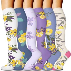 FuelMeFoot 6 Pairs Compression Socks for Women & Men 15-20mmHg Graduated Support Knee High Socks for Nurses, Travel, Athletic (Small-Medium, 05 Assort - Purple Flower)