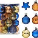 2 x DecorbyHannah Mini Christmas Tree Ornaments, 25ct 1.57inches Blue Gold Christmas Ball Ornaments for Tree Decorations, Small Clear Shatterproof Plastic Hanging Balls Bulk for Xmas, Party, Wedding