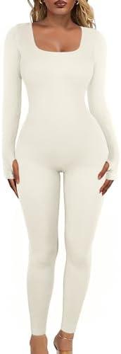Vigorics Women's Yoga Long Sleeve Jumpsuit with Tummy Control Workout Ribbed Bodysuit Square Neck Bodycon, Medium