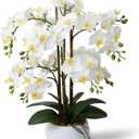 Ziwon Artificial Orchid Flowers & Plants Potted in Ceramic Pot, White Faux Phalaenopsis Orchids for Table Centerpiece, Realistic Fake Flower Arrangement for Home Office Decor Indoor (Ww15)