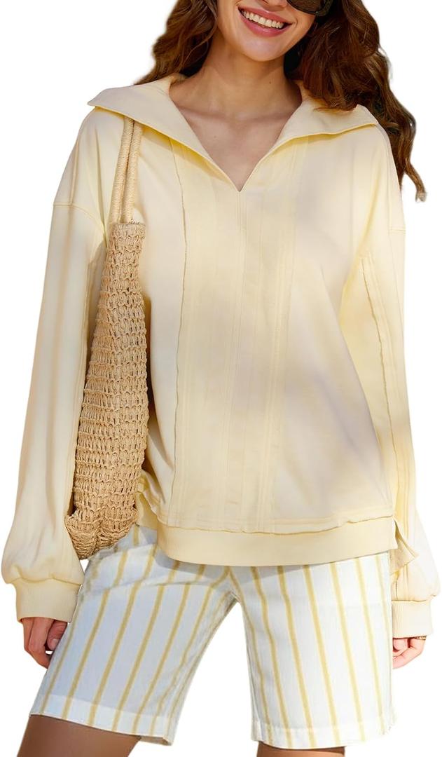 KFUBUO Women's Oversized Sweatshirt V Neck Long Sleeve Pullover Hoodie 2025 Fall Fashion Sweatshirts (Yellow, L)