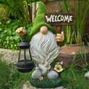 Garden Gnome Statue Outdoor Decor Large Flocked Resin Gnome Figurine with Solar Light Holding Lantern Welcome Sign Garden Yard Decorations Dwarf Sculpture for Outside Patio Porch Lawn Decor.